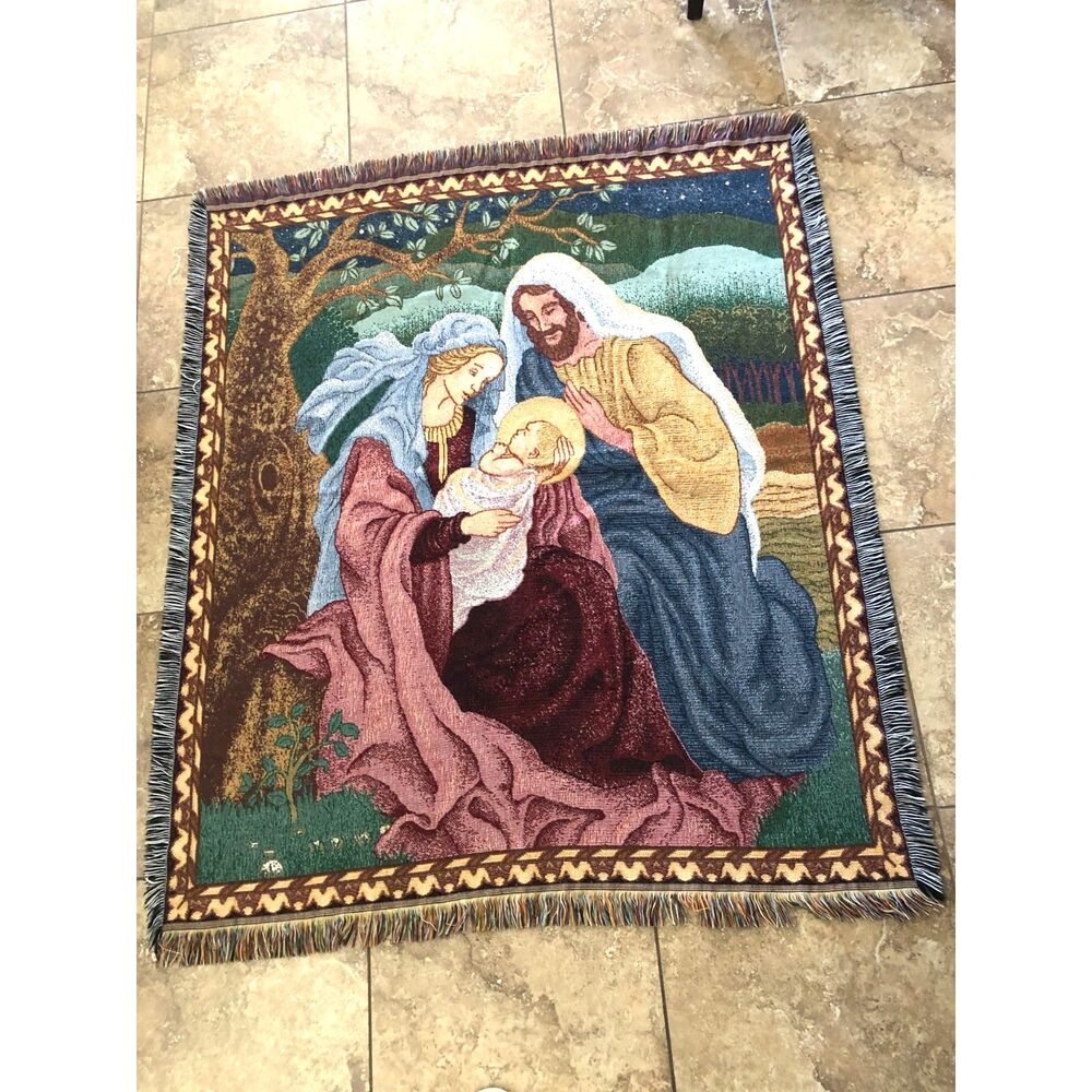 Vintage 90s American Weavers Holy Family Nativity Tapestry Blanket USA Christmas